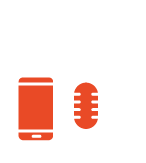 Icono que representa un teléfono móvil junto a un micrófono y globos de diálogo
