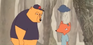 Animación que muestra a un oso conversando con un zorro, el zorro tiene sobre él una nube negra. El oso le mira amablemente.