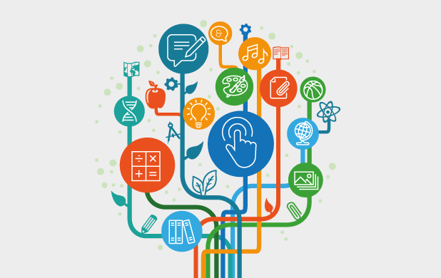Árbol con diversos íconos de tecnologías digitales